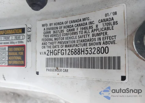 2008 Honda Civic Lx from USA, damaged, VIN 2HGFG12688H532800